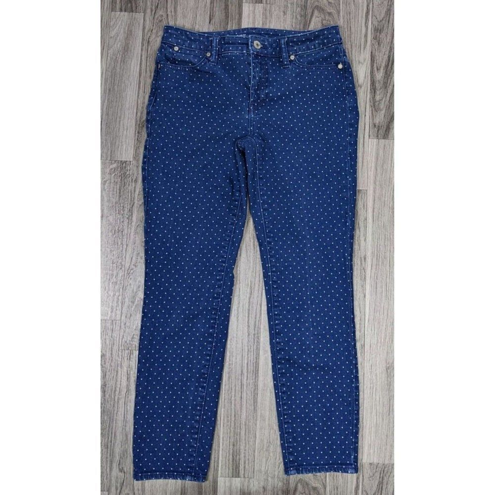 Talbots Women Size 2 Petite Slim Ankle Flawless Polka Dot White Blue Denim Jeans